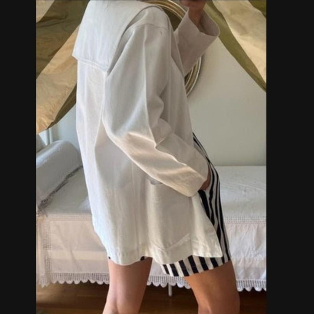 Vintage White Cotton Denim Sailor Collar Jacket Coat Doen Style